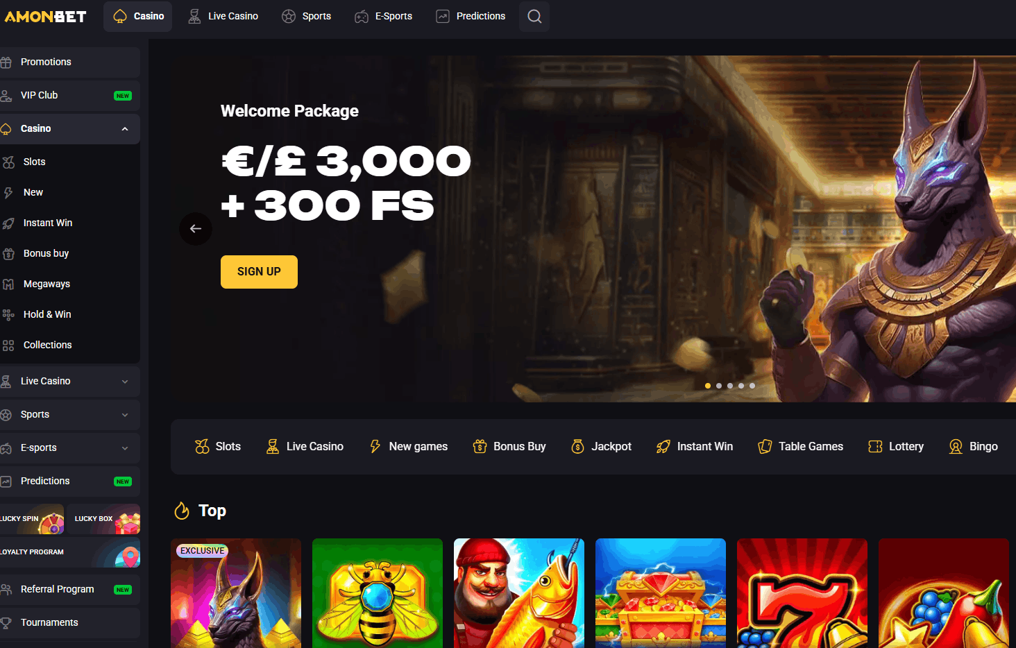 AmonBet Casino – 250% welcome bonus up to €3,000 + 300 free spins